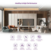 Modern living room with furniture and decor, featuring text 'Healthy & High Performance' and icons below.